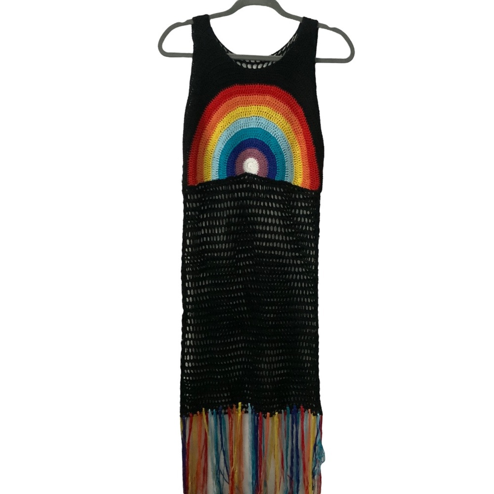 Black Crochet Colorful Beach Knit Sleeveless Dress Fringe